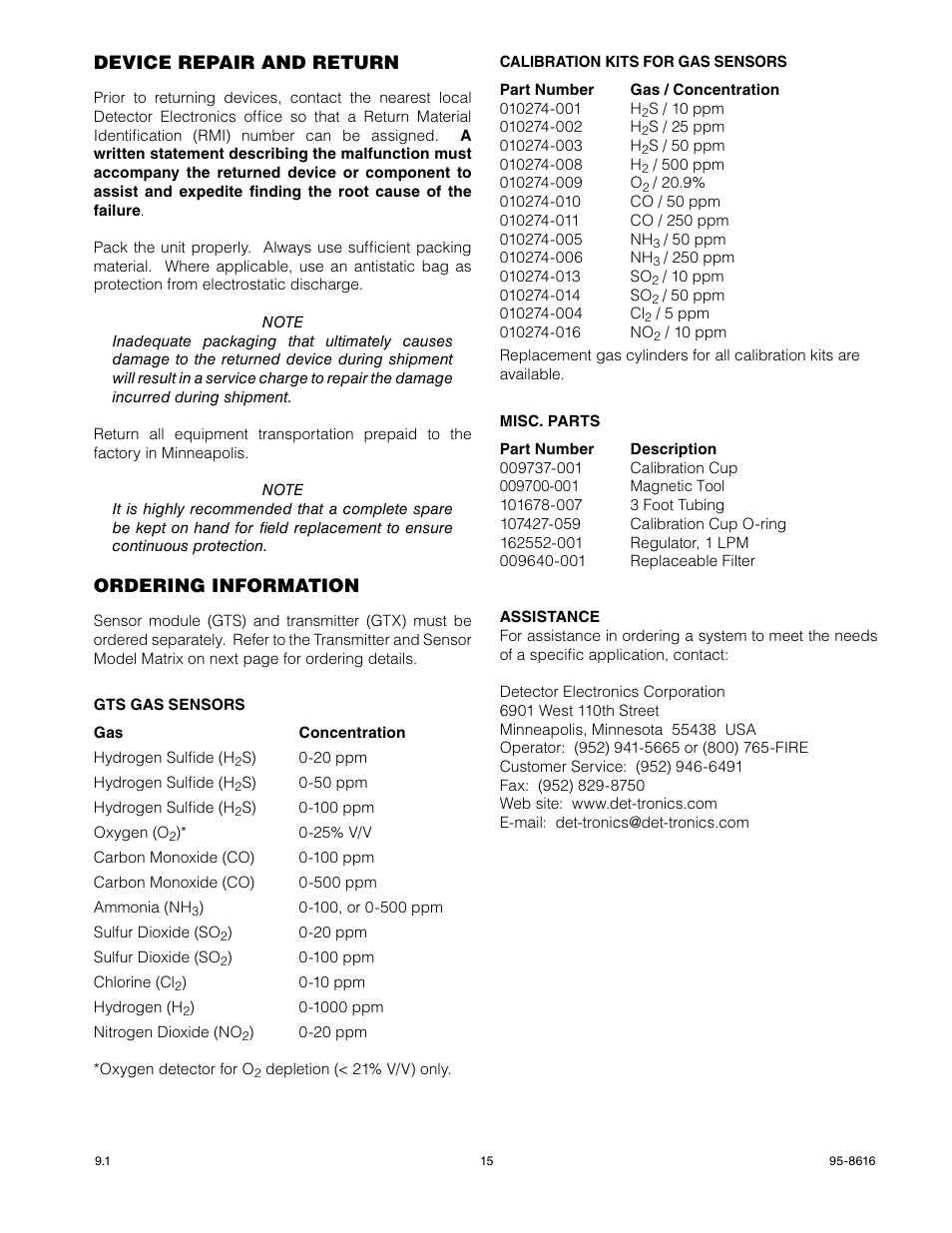 Device repair and return, Ordering information | Det-Tronics GTS Sensor Module User Manual | Page 17 / 26