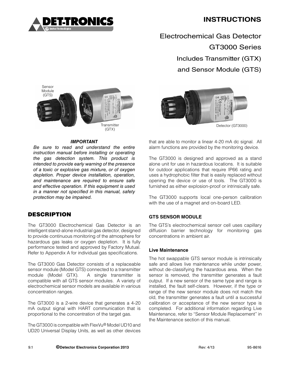 8616-9.1 (gt3000), Includes transmitter (gtx) and sensor module (gts) | Det-Tronics GTS Sensor Module User Manual | Page 3 / 26