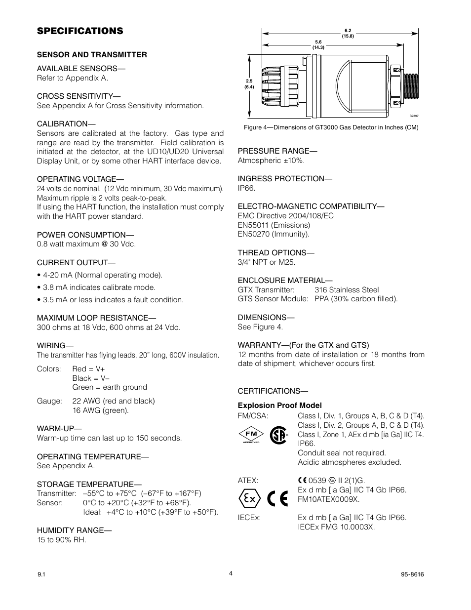 Specifications | Det-Tronics GTS Sensor Module User Manual | Page 6 / 26
