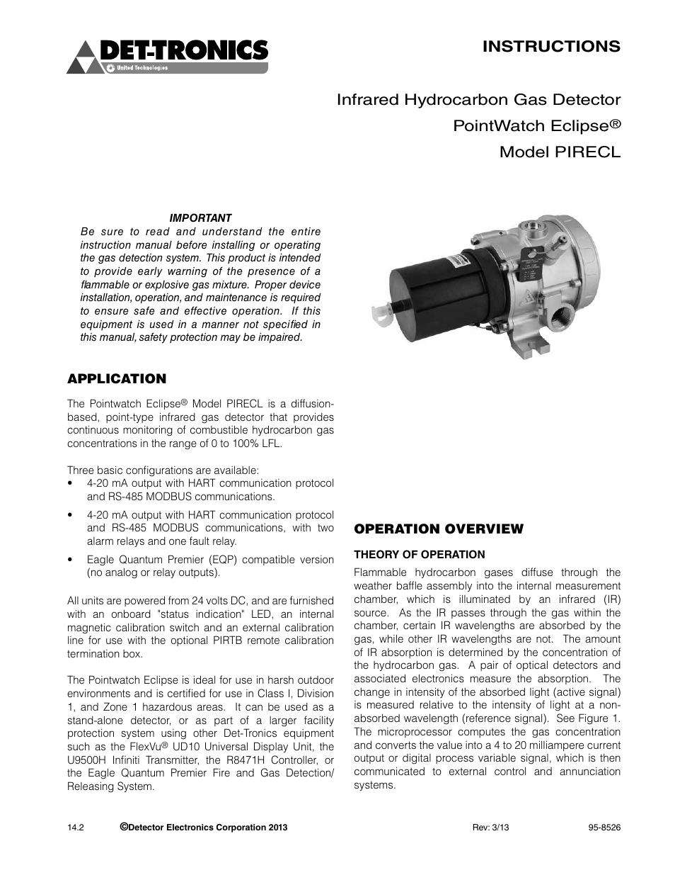 8526-14.2 (pirecl), Model pirecl | Det-Tronics PIRECL Infrared Hydrocarbon Gas Detector PointWatch Eclipse User Manual | Page 3 / 69