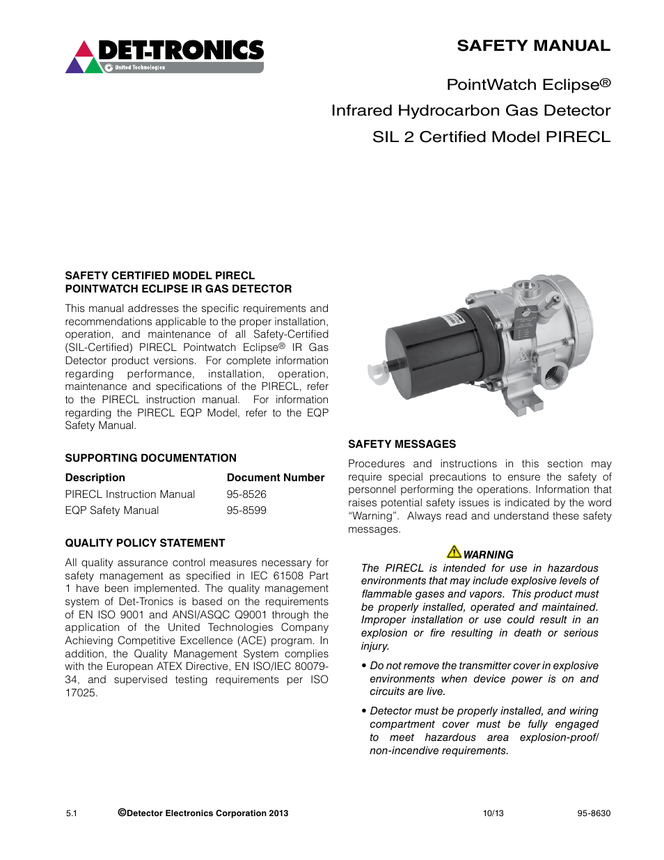 Det-Tronics PIRECL Infrared Hydrocarbon Gas Detector PointWatch Eclipse SAFETY MANUAL User Manual | 8 pages