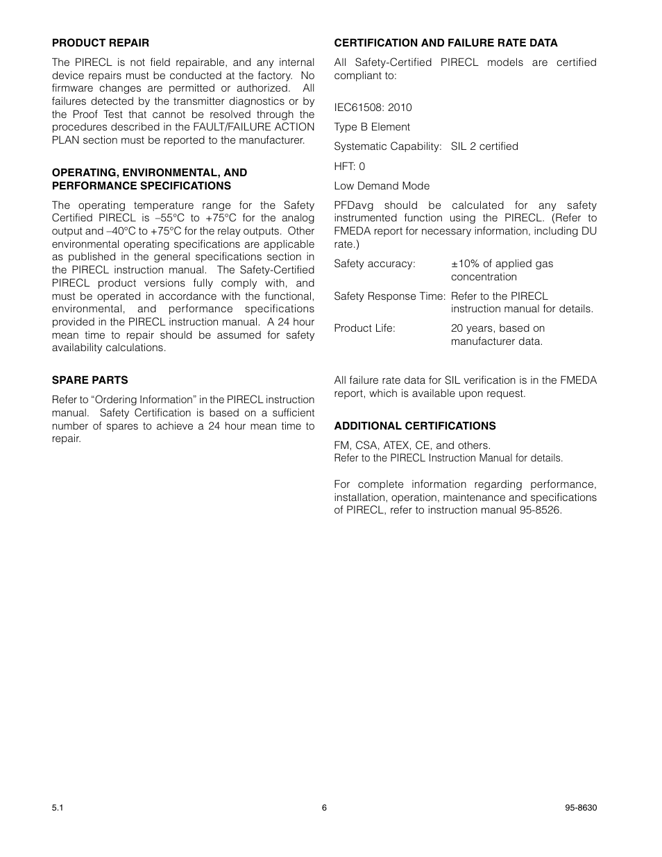 Det-Tronics PIRECL Infrared Hydrocarbon Gas Detector PointWatch Eclipse SAFETY MANUAL User Manual | Page 6 / 8