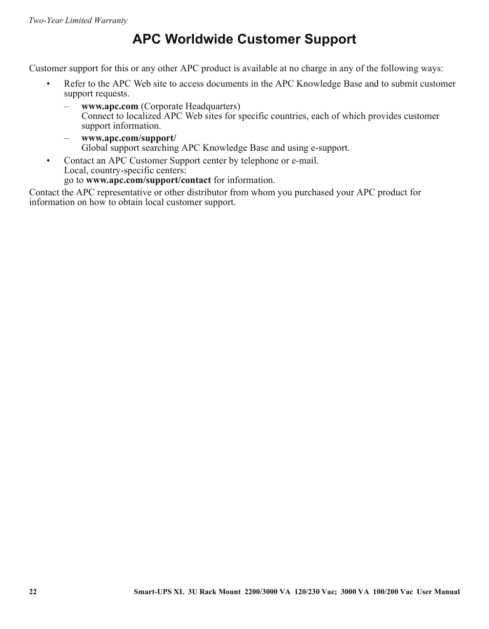 Apc worldwide customer support | APC SUA2200 User Manual | Page 22 / 22