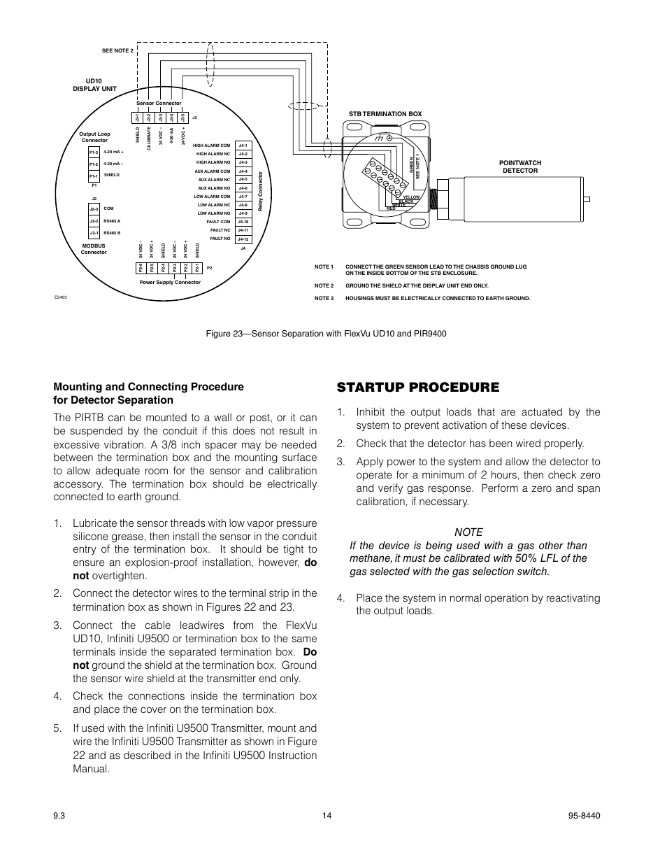 Startup procedure, Connect the cable leadwires from the flexvu ud, Infiniti u | Transmitter, mount and wire the infiniti u, Transmitter as shown in figure, And as described in the infiniti u, Instruction manual | Det-Tronics PIR9400 PointWatch Infrared Hydrocarbon Gas Detector User Manual | Page 16 / 34