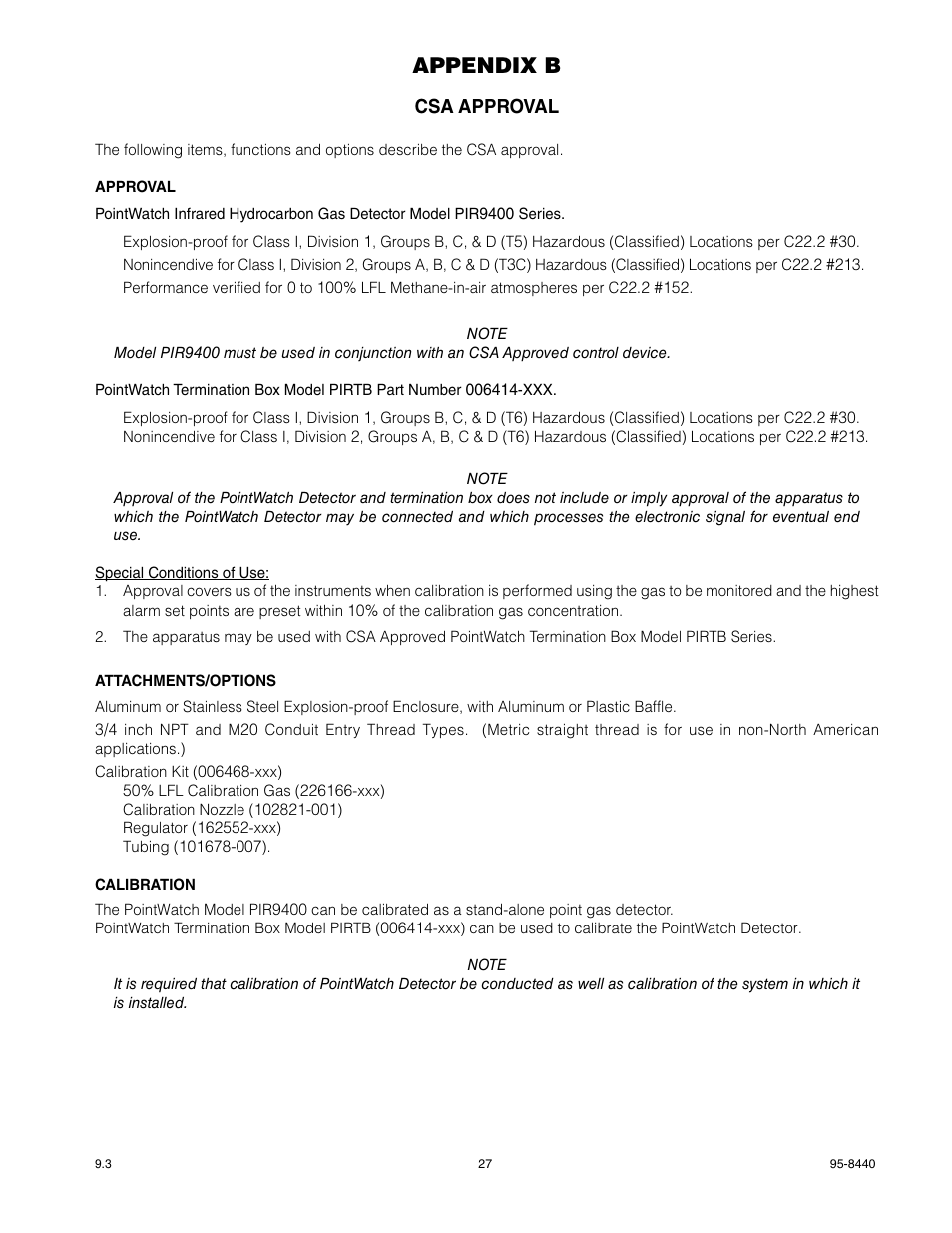 Appendix b, Csa approval | Det-Tronics PIR9400 PointWatch Infrared Hydrocarbon Gas Detector User Manual | Page 29 / 34