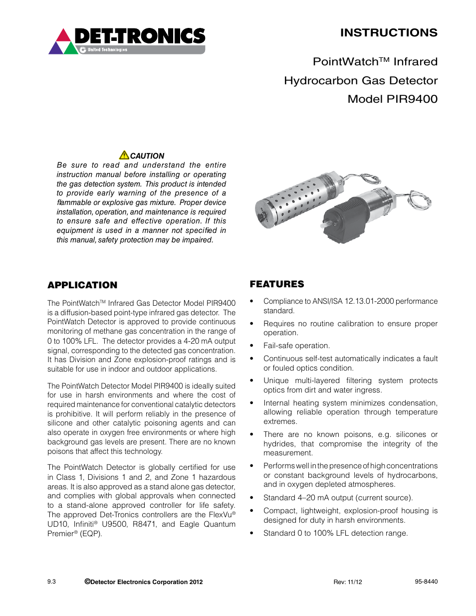 Instructions pointwatch, Infrared hydrocarbon gas detector model pir | Det-Tronics PIR9400 PointWatch Infrared Hydrocarbon Gas Detector User Manual | Page 3 / 34