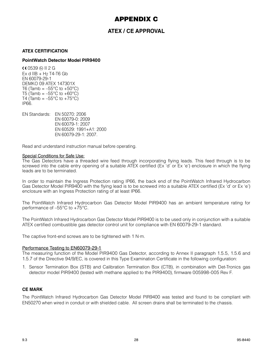 Appendix c, Atex / ce approval | Det-Tronics PIR9400 PointWatch Infrared Hydrocarbon Gas Detector User Manual | Page 30 / 34