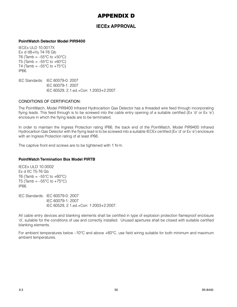Appendix d, Iecex approval | Det-Tronics PIR9400 PointWatch Infrared Hydrocarbon Gas Detector User Manual | Page 32 / 34