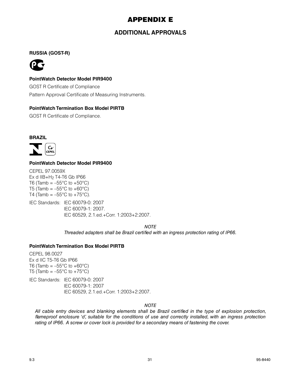 Appendix e, Additional approvals | Det-Tronics PIR9400 PointWatch Infrared Hydrocarbon Gas Detector User Manual | Page 33 / 34