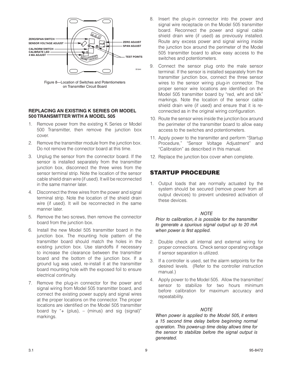 Startup procedure | Det-Tronics 505 Combustible Gas Detector Transmitter with Combustible Gas Sensor CGS User Manual | Page 12 / 27