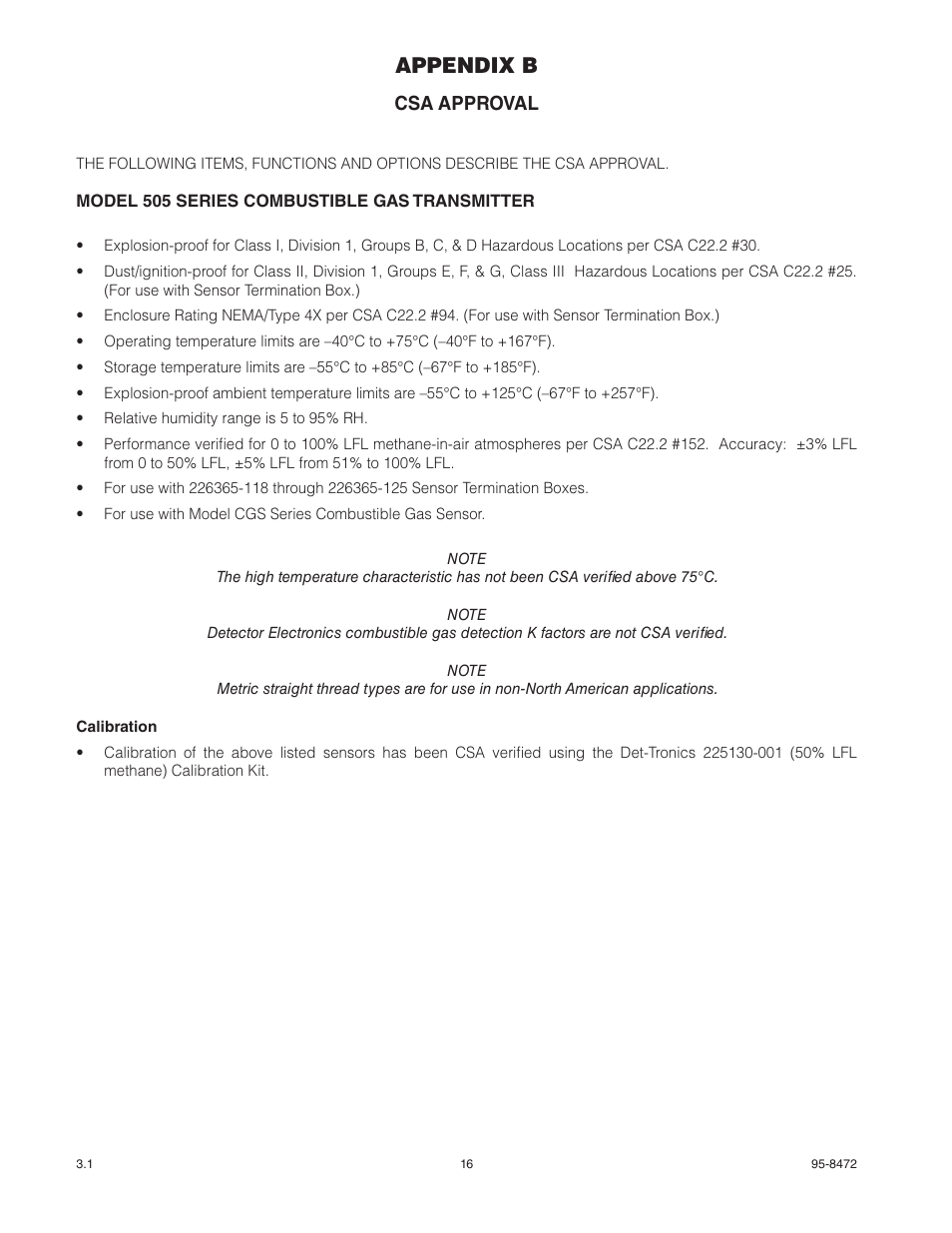 Appendix b, Csa approval | Det-Tronics 505 Combustible Gas Detector Transmitter with Combustible Gas Sensor CGS User Manual | Page 19 / 27