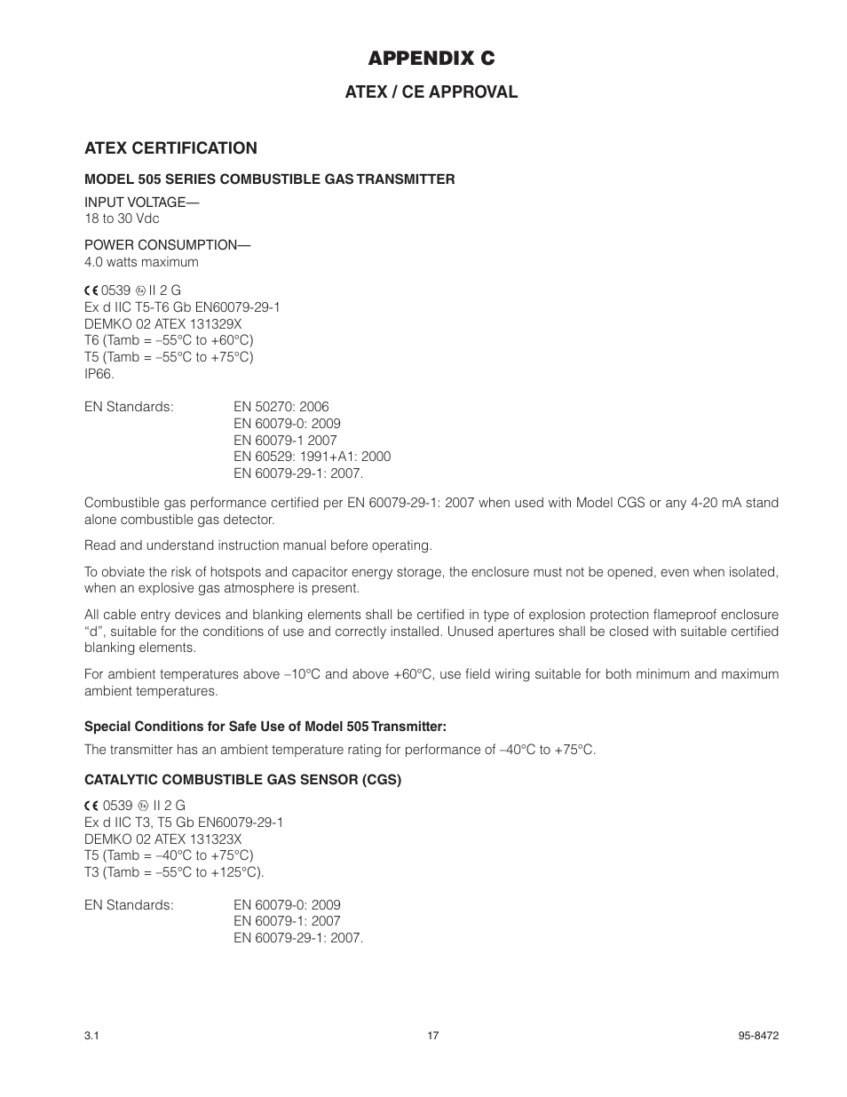 Appendix c, Atex / ce approval, Atex certification | Det-Tronics 505 Combustible Gas Detector Transmitter with Combustible Gas Sensor CGS User Manual | Page 20 / 27