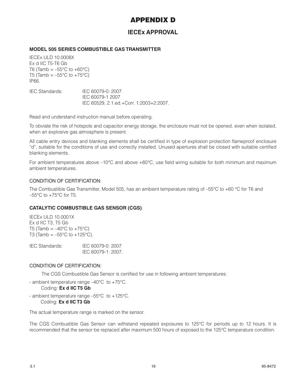 Appendix d, Iecex approval | Det-Tronics 505 Combustible Gas Detector Transmitter with Combustible Gas Sensor CGS User Manual | Page 22 / 27