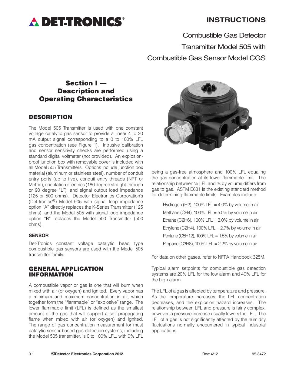 Det-Tronics 505 Combustible Gas Detector Transmitter with Combustible Gas Sensor CGS User Manual | Page 4 / 27