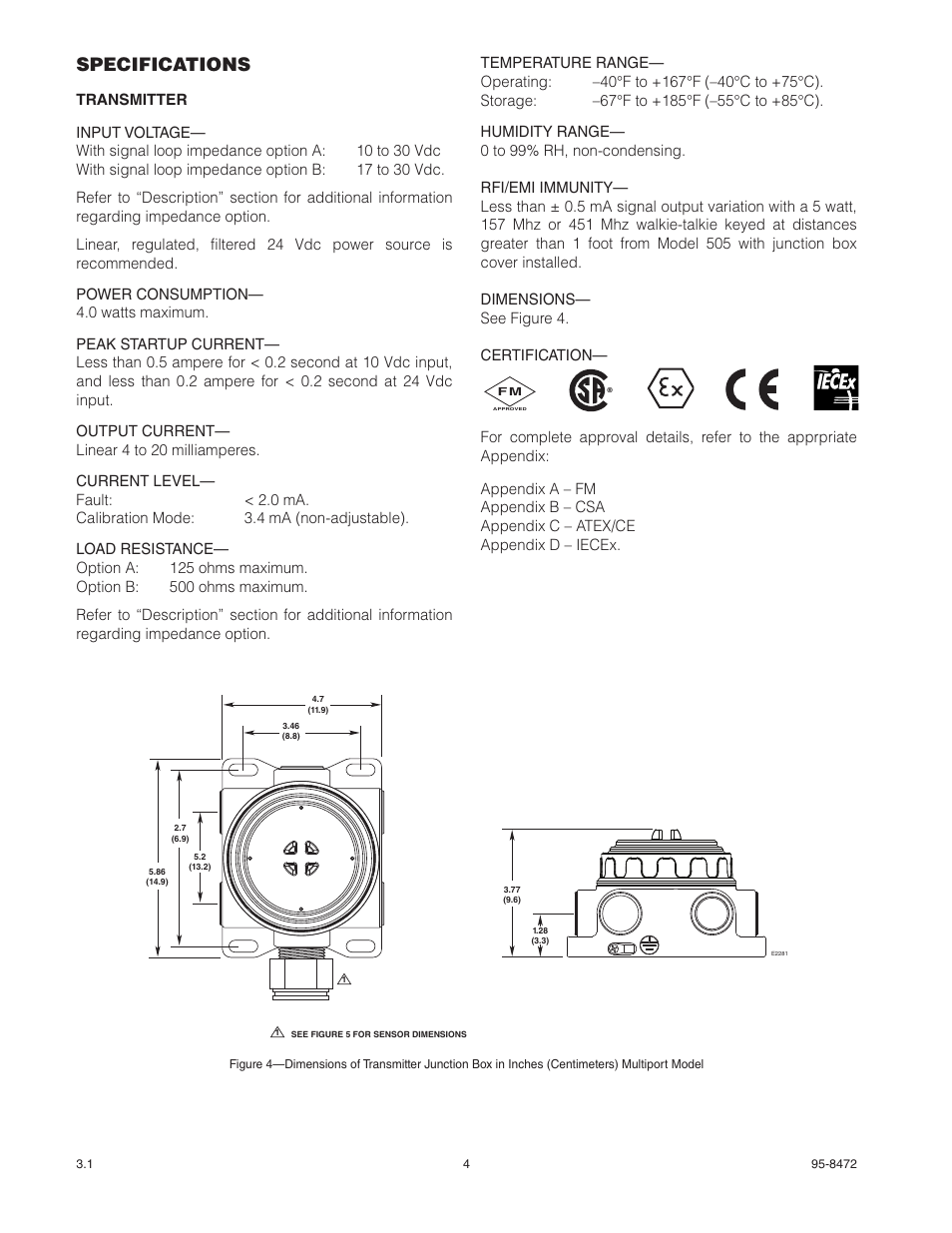 Specifications | Det-Tronics 505 Combustible Gas Detector Transmitter with Combustible Gas Sensor CGS User Manual | Page 7 / 27