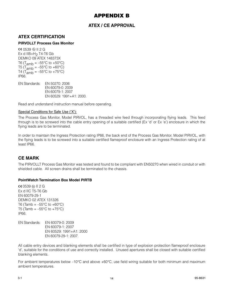 Appendix b, Atex / ce approval, Atex certification | Ce mark | Det-Tronics PIRVOLLT Volumetric Infrared Hydrocarbon Gas Process Monitor for Light Hydrocarbons User Manual | Page 16 / 18