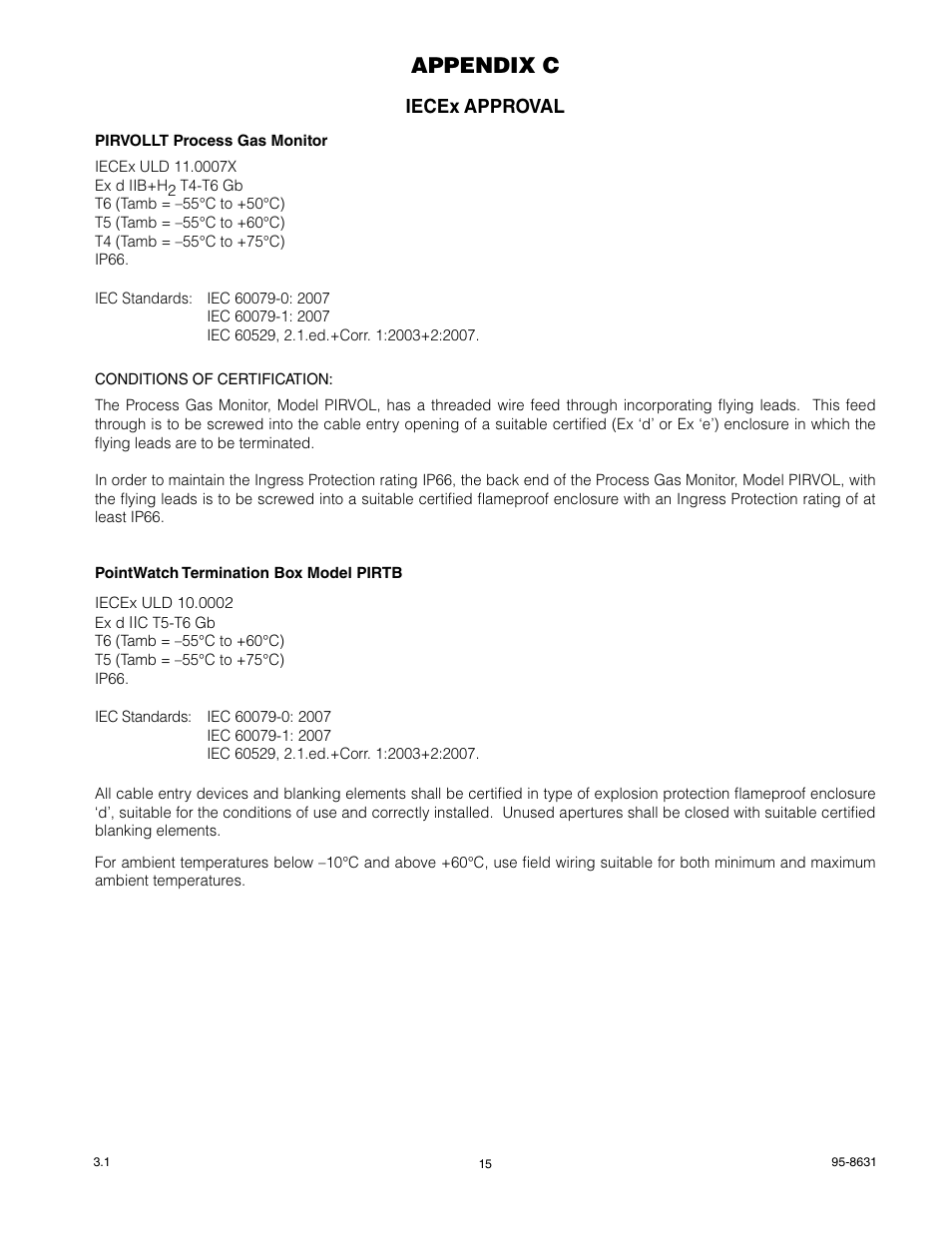 Appendix c, Iecex approval | Det-Tronics PIRVOLLT Volumetric Infrared Hydrocarbon Gas Process Monitor for Light Hydrocarbons User Manual | Page 17 / 18