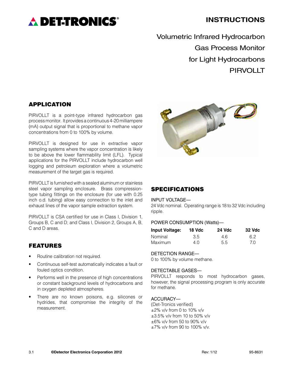 Det-Tronics PIRVOLLT Volumetric Infrared Hydrocarbon Gas Process Monitor for Light Hydrocarbons User Manual | Page 3 / 18
