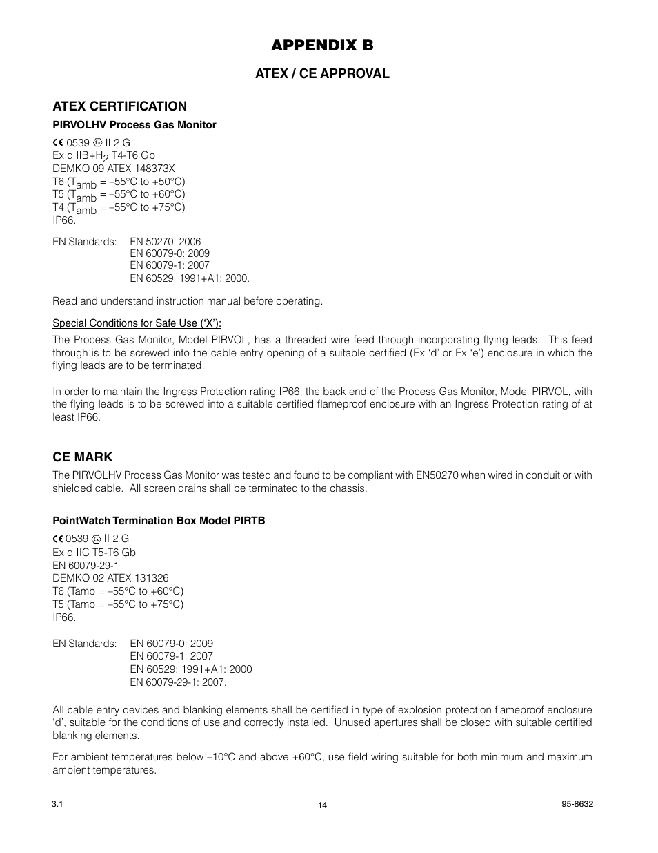Appendix b, Atex / ce approval, Atex certification | Ce mark | Det-Tronics PIRVOLHV Volumetric Infrared Hydrocarbon Gas Process Monitor for Heavy Hydrocarbons User Manual | Page 16 / 18