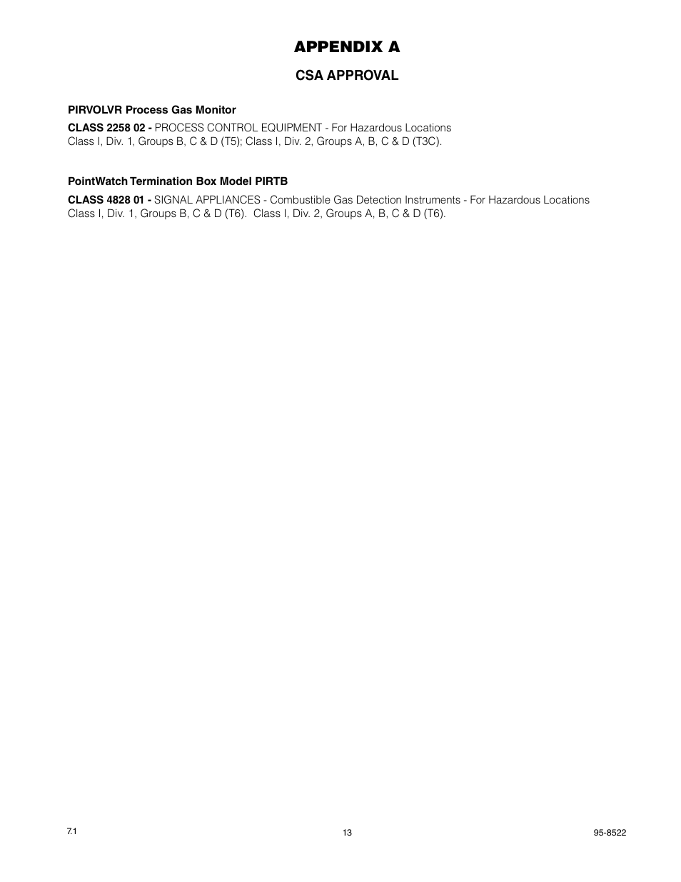 Appendix a, Csa approval | Det-Tronics PIRVOLVR Volumetric Infrared Hydrocarbon Gas Process Monitor for Vapor Recovery Systems User Manual | Page 15 / 18