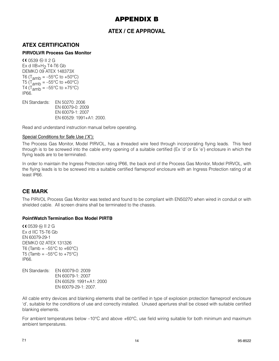 Appendix b, Atex / ce approval, Atex certification | Ce mark | Det-Tronics PIRVOLVR Volumetric Infrared Hydrocarbon Gas Process Monitor for Vapor Recovery Systems User Manual | Page 16 / 18