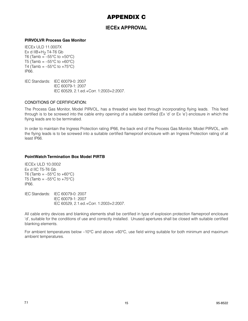 Appendix c, Iecex approval | Det-Tronics PIRVOLVR Volumetric Infrared Hydrocarbon Gas Process Monitor for Vapor Recovery Systems User Manual | Page 17 / 18
