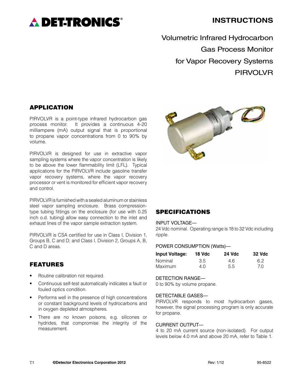 Det-Tronics PIRVOLVR Volumetric Infrared Hydrocarbon Gas Process Monitor for Vapor Recovery Systems User Manual | Page 3 / 18