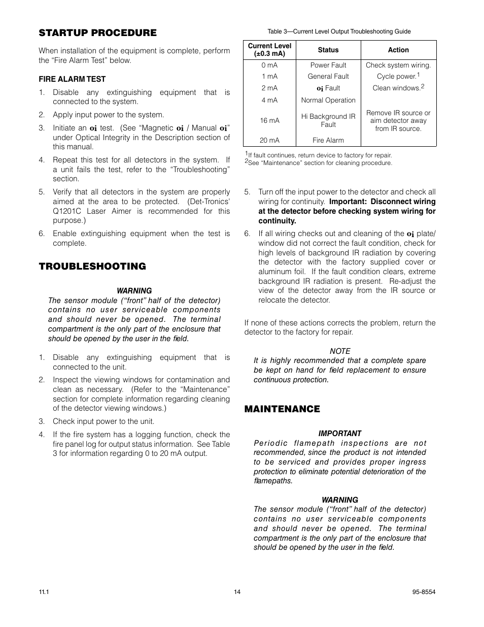 Startup procedure, Troubleshooting, Maintenance | Det-Tronics X9800 IR Flame Detector User Manual | Page 16 / 31