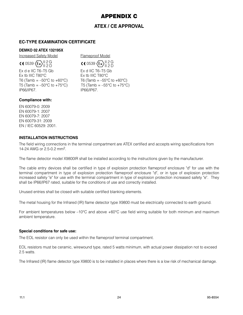 Appendix c, Atex / ce approval | Det-Tronics X9800 IR Flame Detector User Manual | Page 26 / 31