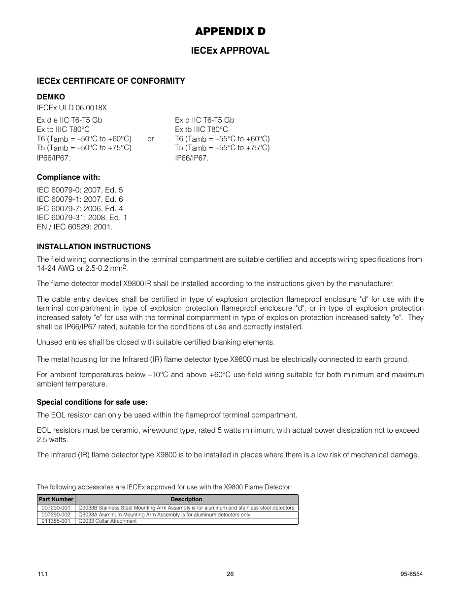 Appendix d, Iecex approval | Det-Tronics X9800 IR Flame Detector User Manual | Page 28 / 31