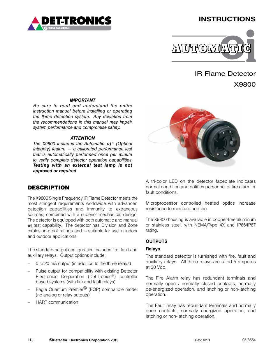 Instructions ir flame detector x9800 | Det-Tronics X9800 IR Flame Detector User Manual | Page 3 / 31