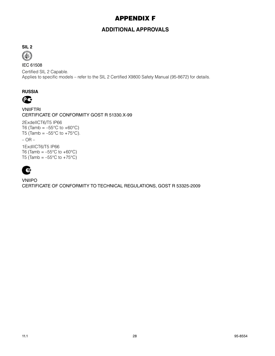 Appendix f, Additional approvals | Det-Tronics X9800 IR Flame Detector User Manual | Page 30 / 31
