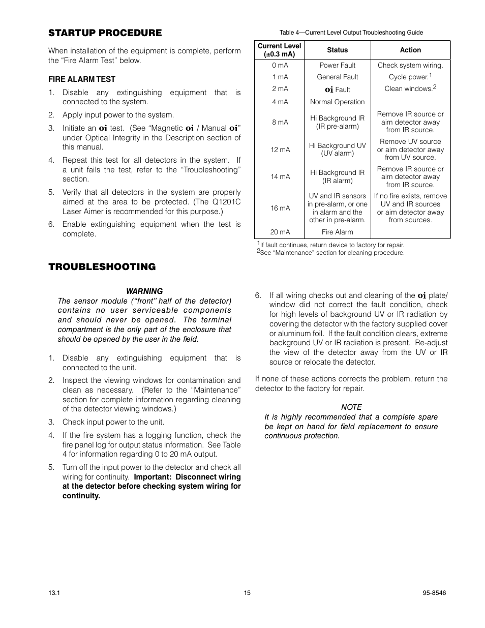 Startup procedure, Troubleshooting | Det-Tronics X5200 UVIR Flame Detector User Manual | Page 17 / 35