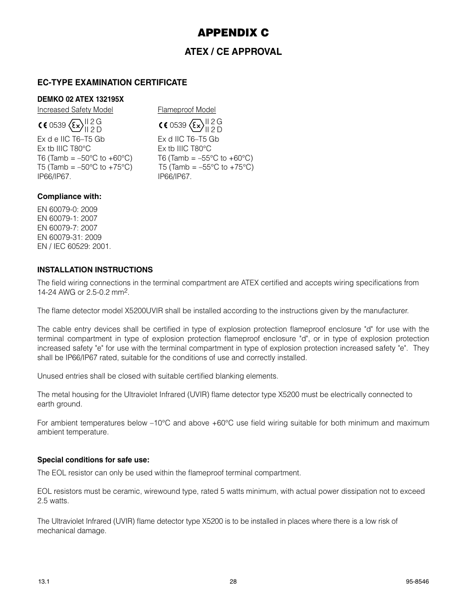 Appendix c, Atex / ce approval | Det-Tronics X5200 UVIR Flame Detector User Manual | Page 30 / 35