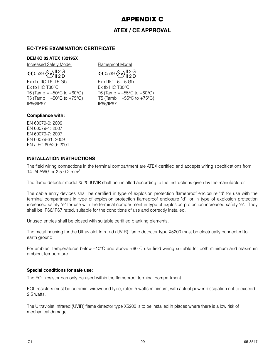 Appendix c, Atex / ce approval | Det-Tronics X5200 UVIR Flame Detector with Pulse Output User Manual | Page 31 / 36