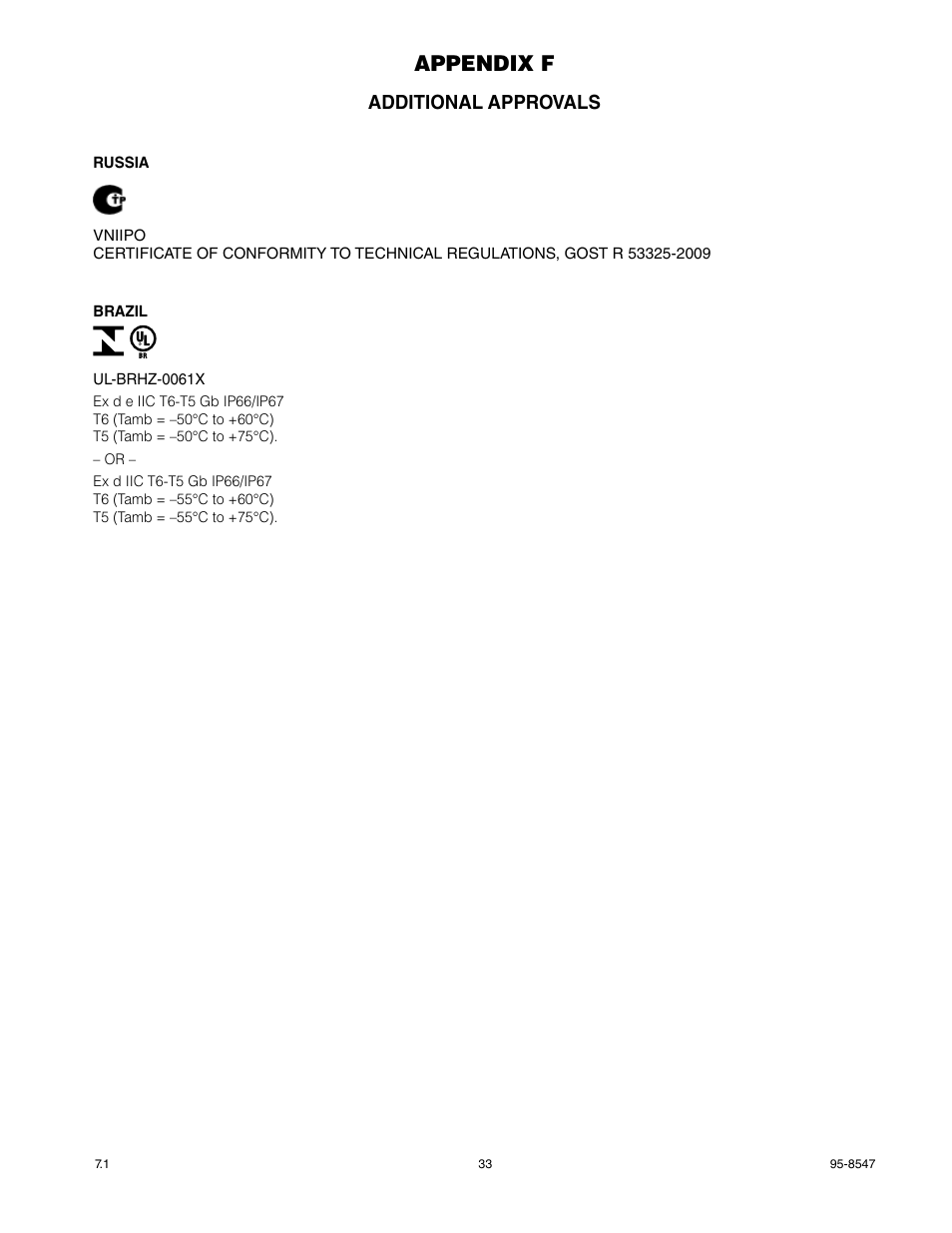 Appendix f, Additional approvals | Det-Tronics X5200 UVIR Flame Detector with Pulse Output User Manual | Page 35 / 36
