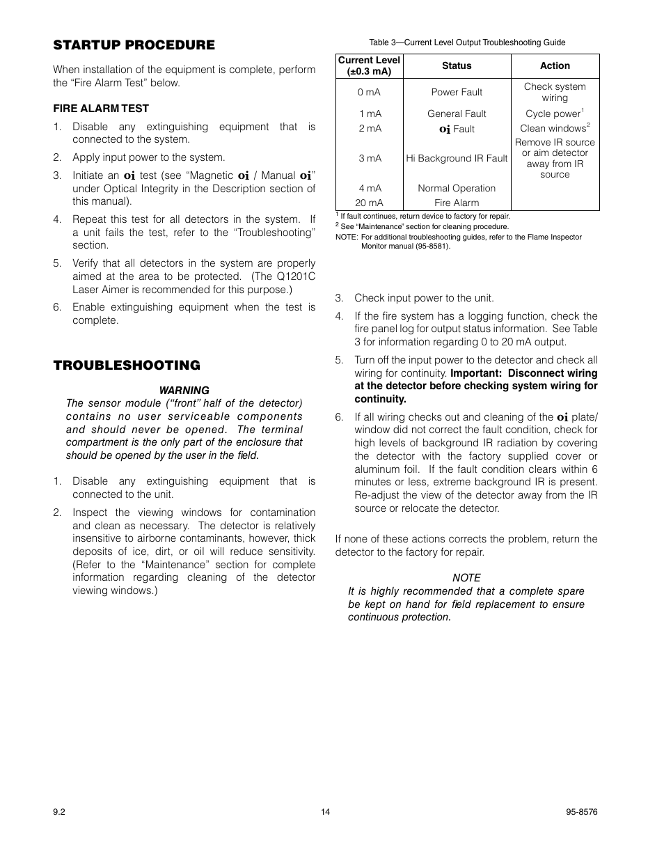 Startup procedure, Troubleshooting | Det-Tronics X3302 Multispectrum IR Flame Detector User Manual | Page 16 / 37