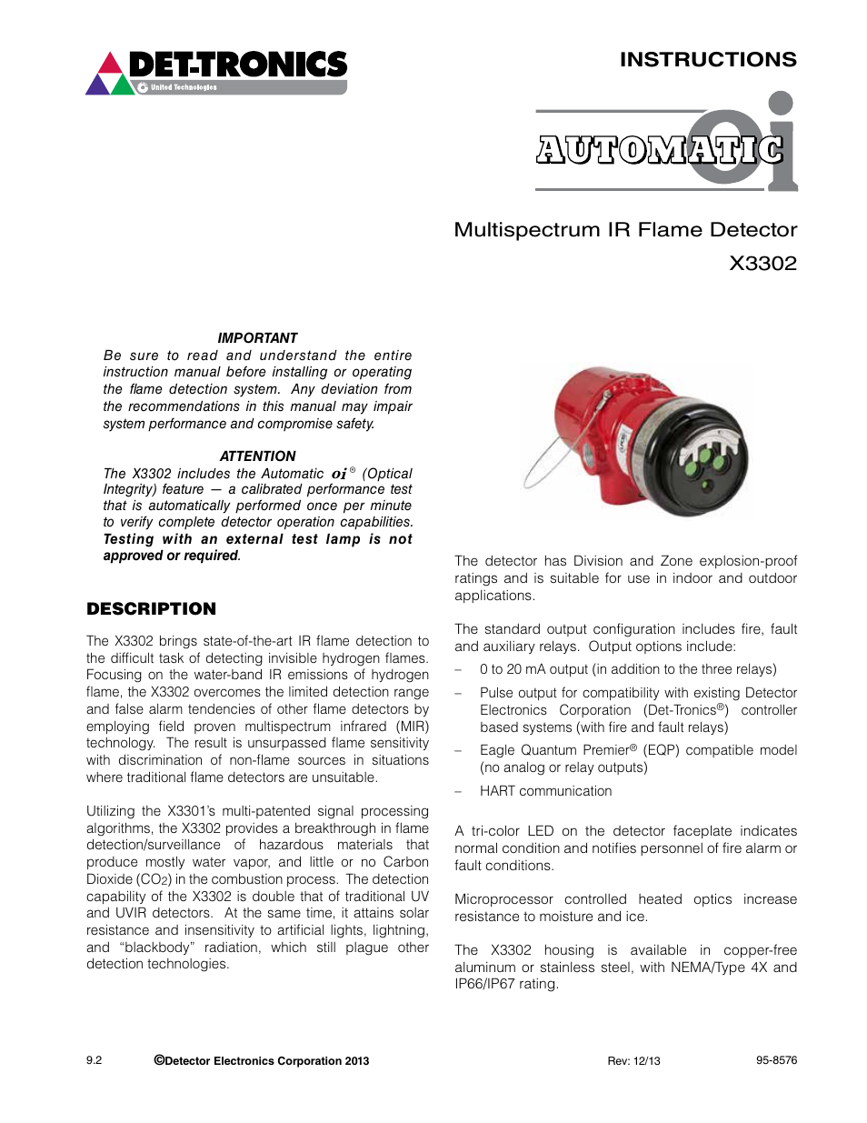 Instructions multispectrum ir flame detector x3302 | Det-Tronics X3302 Multispectrum IR Flame Detector User Manual | Page 3 / 37