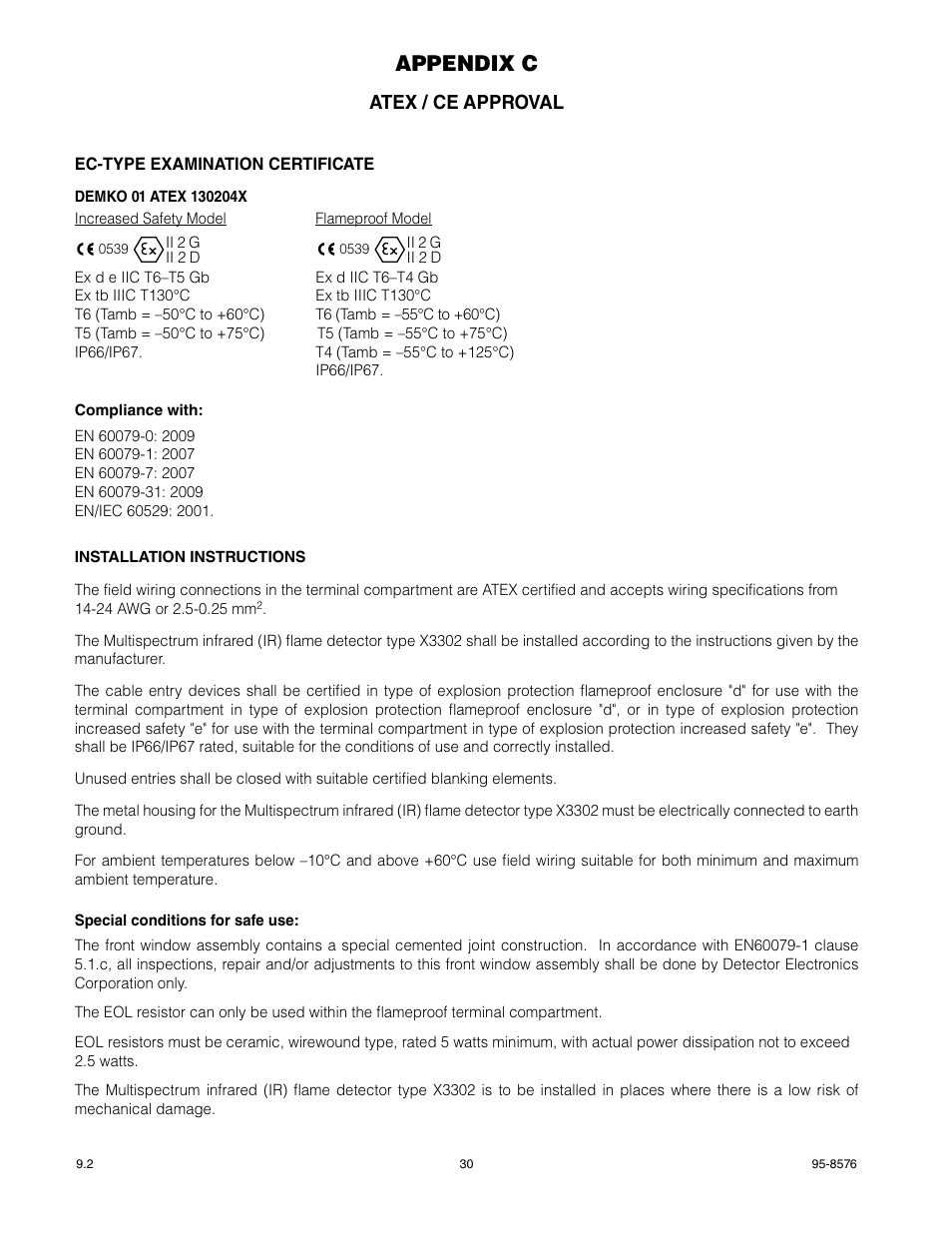 Appendix c, Atex / ce approval | Det-Tronics X3302 Multispectrum IR Flame Detector User Manual | Page 32 / 37