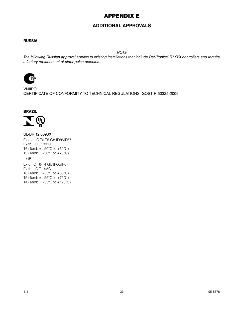 Appendix e, Additional approvals | Det-Tronics X3302 Multispectrum IR Flame Detector with Pulse Output User Manual | Page 35 / 36