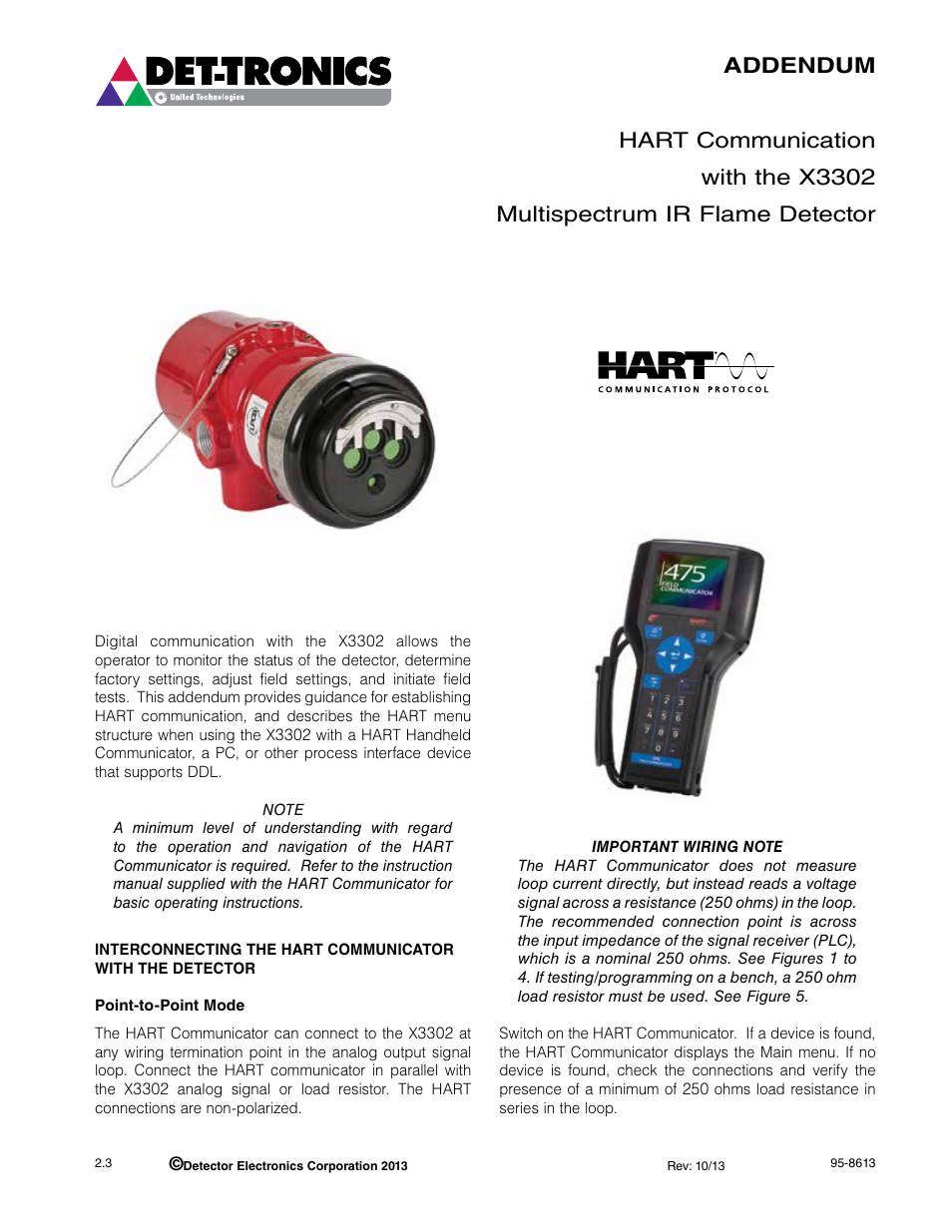 Addendum hart communication with the x, Multispectrum ir flame detector | Det-Tronics X3302 Multispectrum IR Flame Detector with HART User Manual | Page 3 / 21