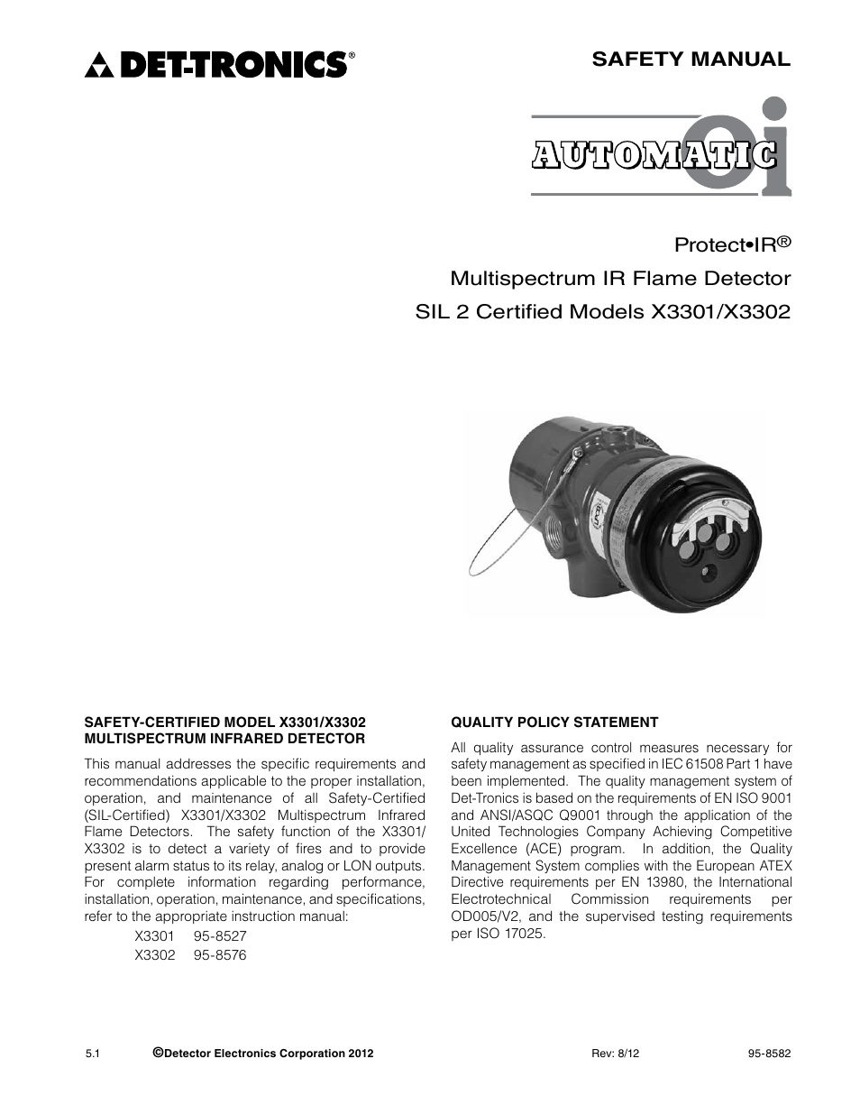 Det-Tronics X3301 Multispectrum IR Flame Detector SAFETY MANUAL User Manual | 8 pages