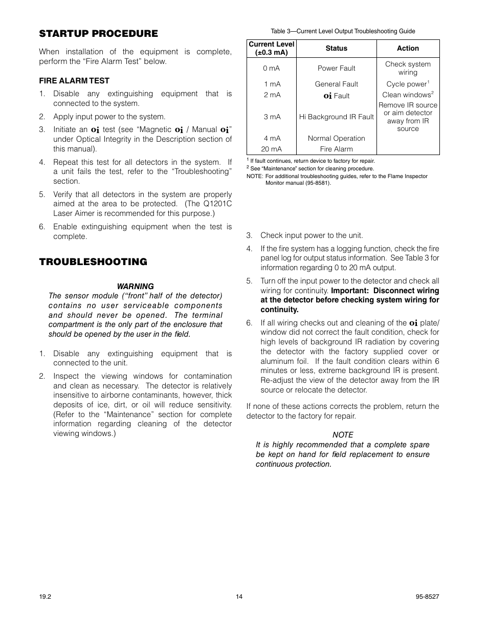 Startup procedure, Troubleshooting | Det-Tronics X3301 Multispectrum IR Flame Detector User Manual | Page 16 / 40