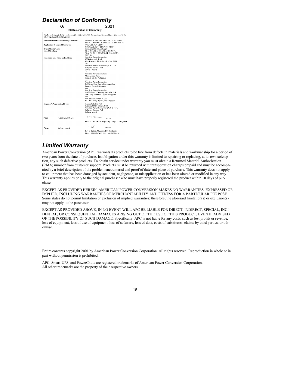 Declaration of conformity, Limited warranty | APC UPS User Manual | Page 18 / 18