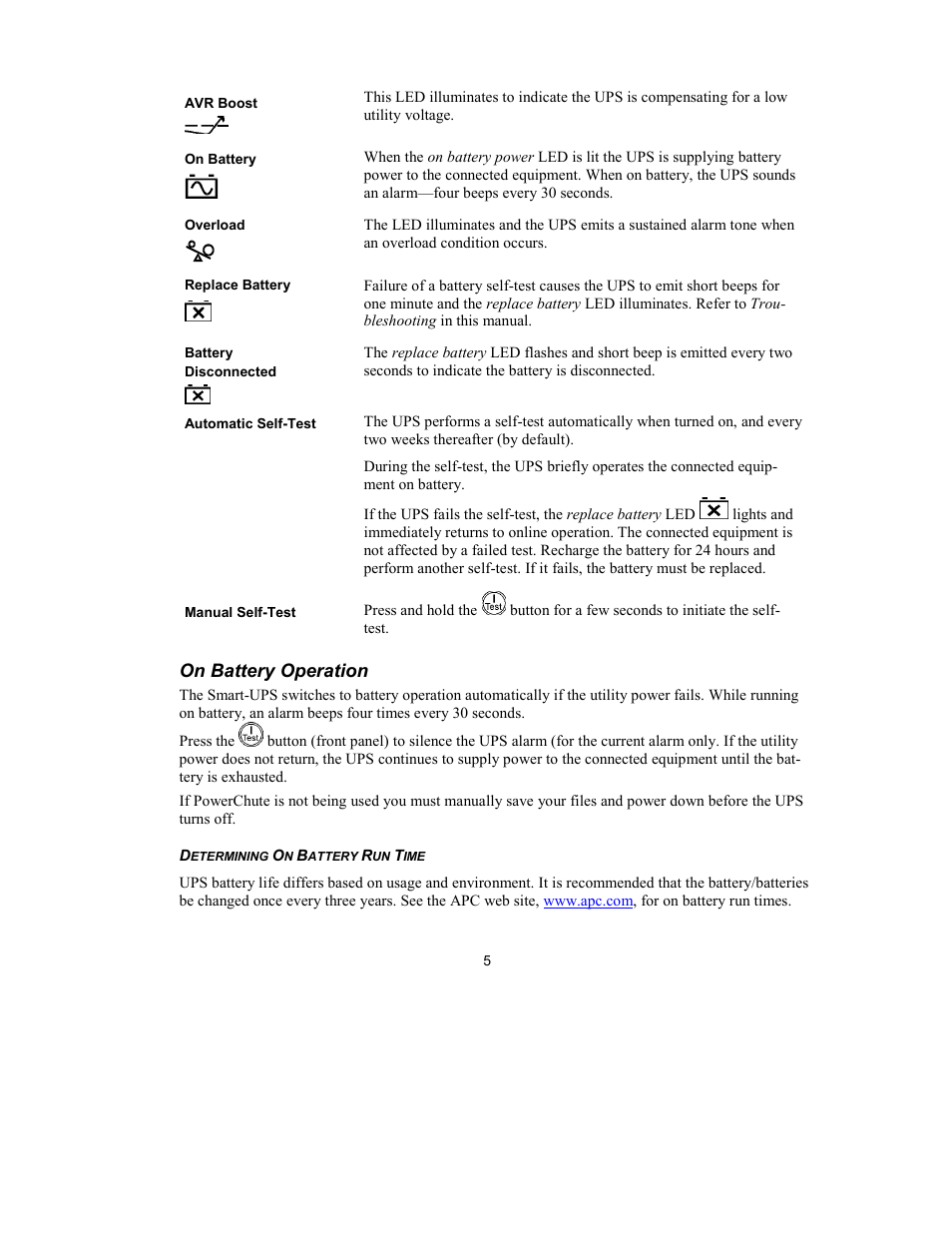 On battery operation | APC UPS User Manual | Page 7 / 18