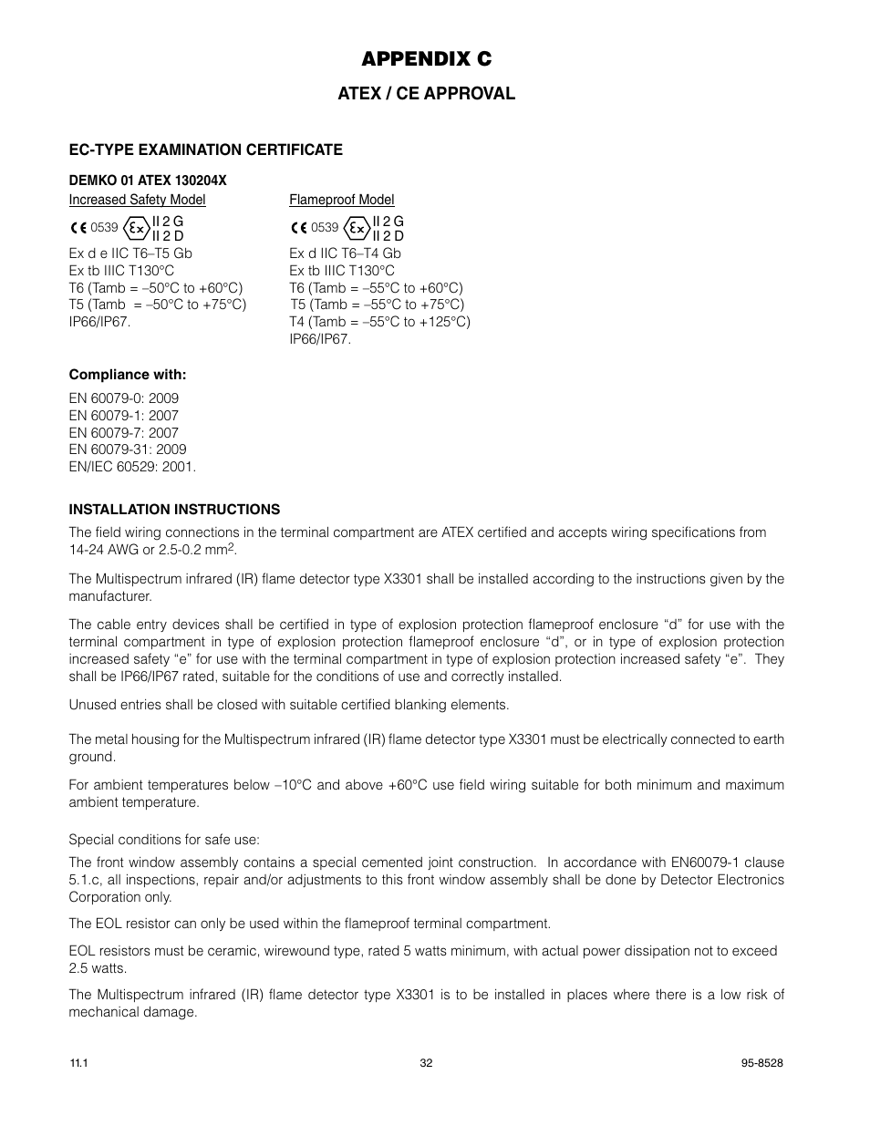 Appendix c, Atex / ce approval | Det-Tronics X3301 Multispectrum IR Flame Detector with Pulse Output User Manual | Page 34 / 39