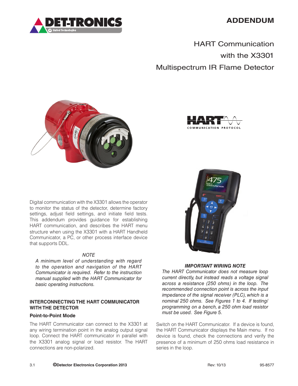 Addendum hart communication with the x, Multispectrum ir flame detector | Det-Tronics X3301 Multispectrum IR Flame Detector with HART User Manual | Page 3 / 21