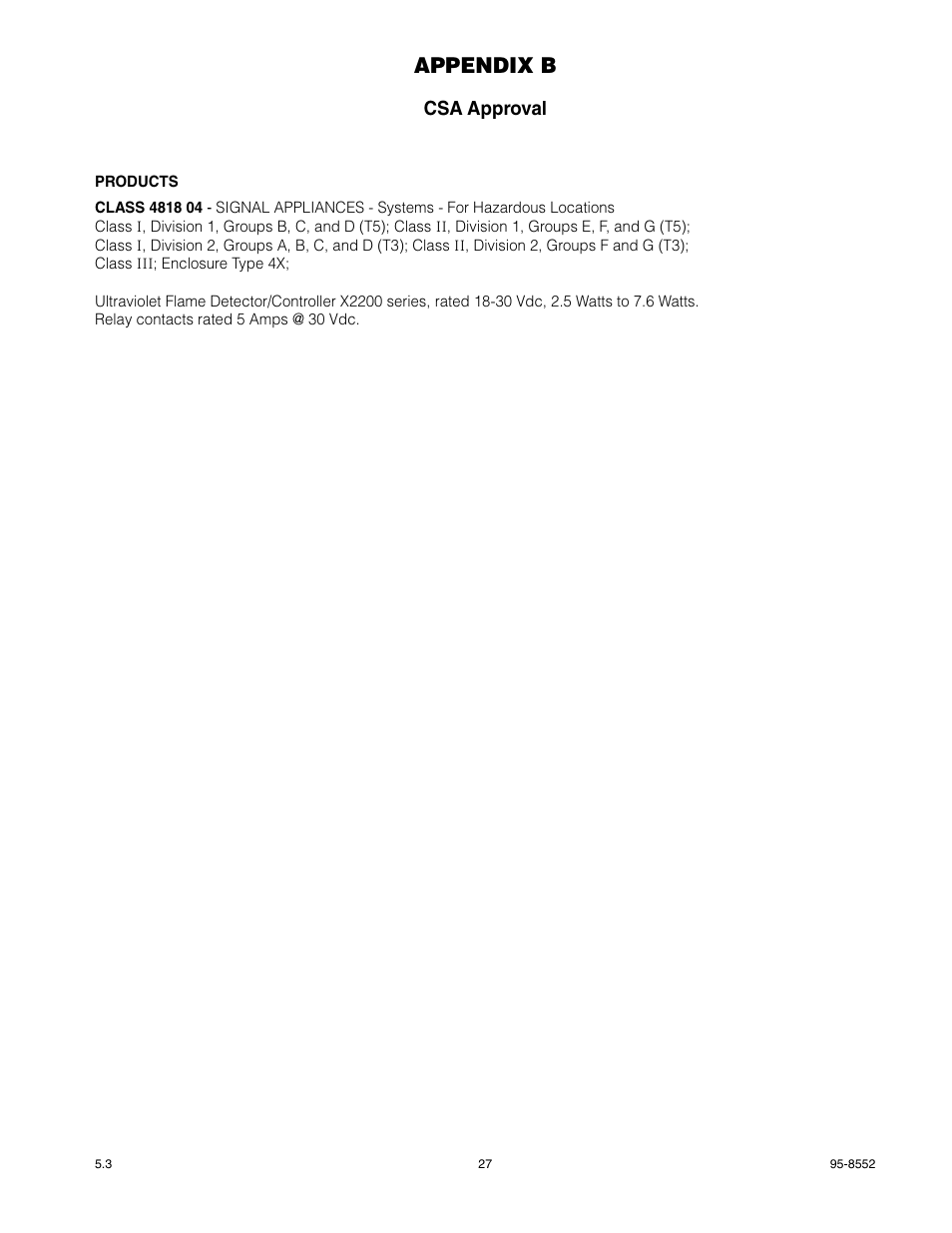 Appendix b, Csa approval | Det-Tronics X2200 UV Flame Detector with Pulse Output User Manual | Page 29 / 33