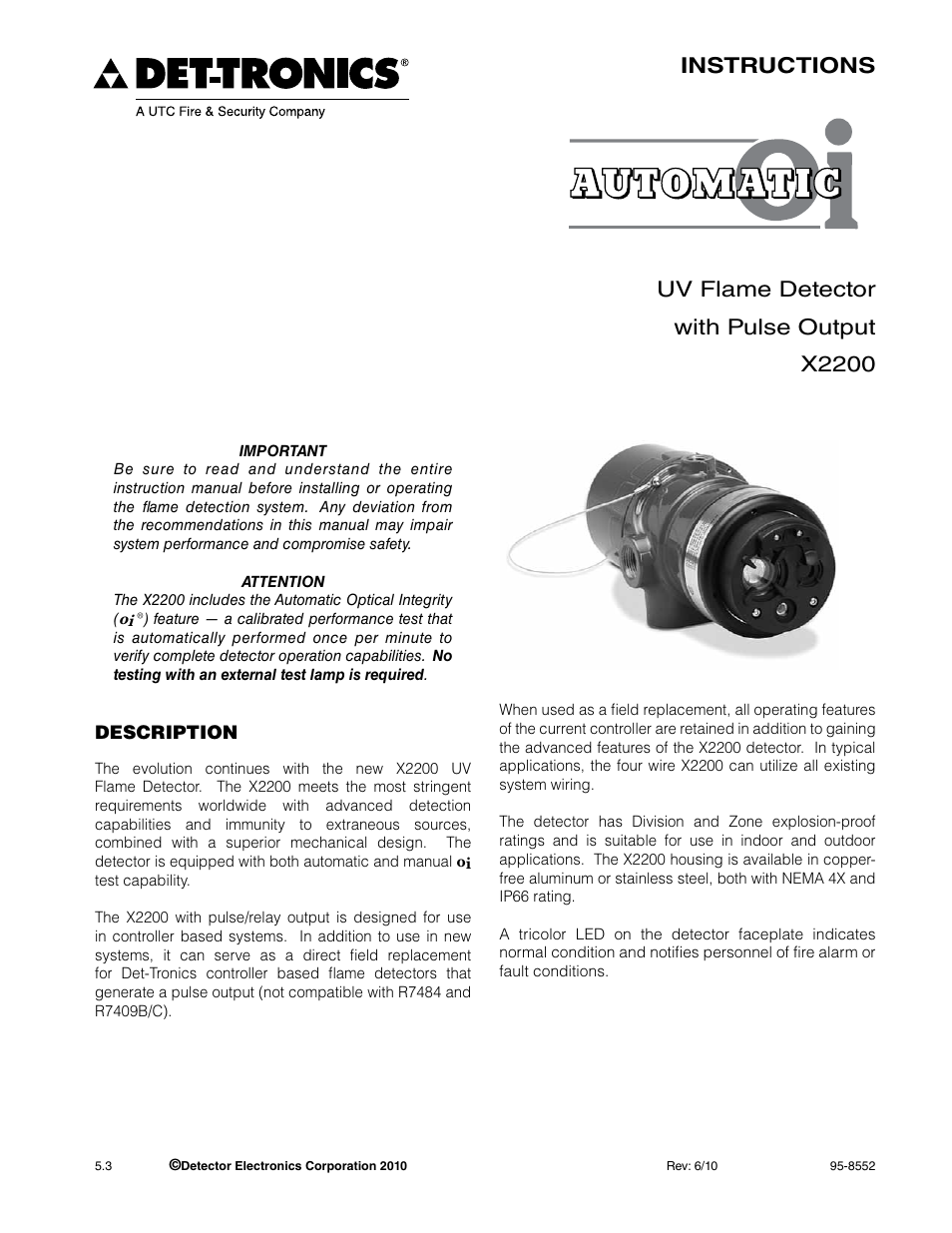 8552-5.3 (x2200 pulse) | Det-Tronics X2200 UV Flame Detector with Pulse Output User Manual | Page 3 / 33