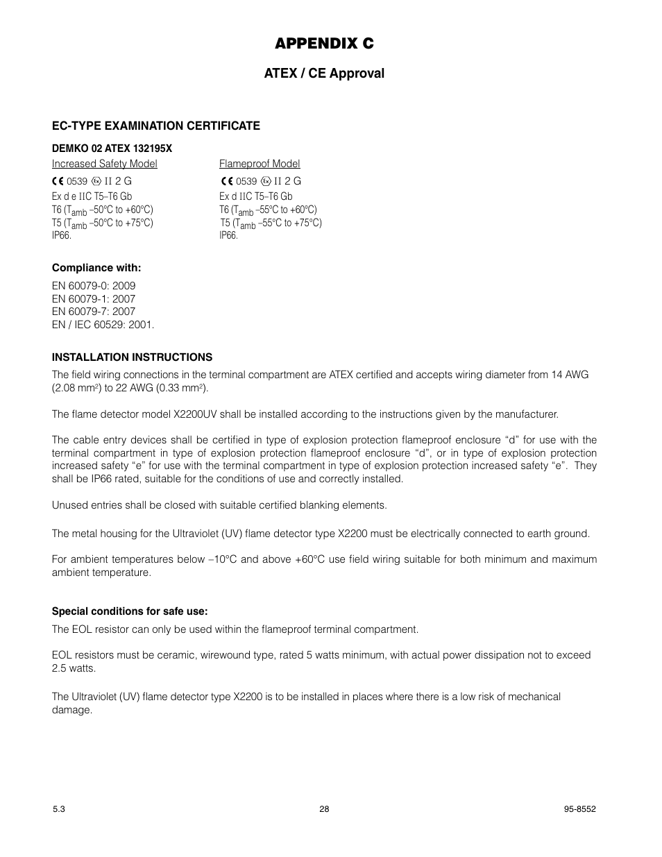 Appendix c, Atex / ce approval | Det-Tronics X2200 UV Flame Detector with Pulse Output User Manual | Page 30 / 33